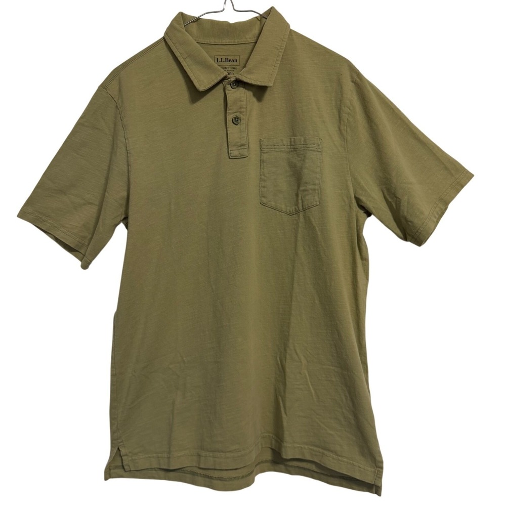 LL Bean Polo Shirt Mens M Regular Olive Green Organic‎ Cotton Slub Pocket 506746